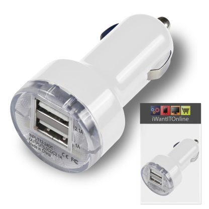 Compact Bullet DUAL Small Fast Travel DC 12V/24V 1 x 2000 mAh & 1 x 1000 mAh In Car Charger USB Adapter with LED Light and OverLoad Protection - Image 2