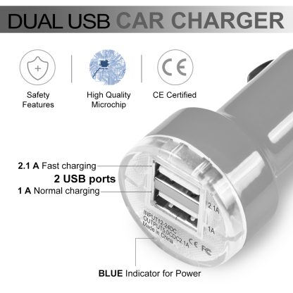 Compact Bullet DUAL Small Fast Travel DC 12V/24V 1 x 2000 mAh & 1 x 1000 mAh In Car Charger USB Adapter with LED Light and OverLoad Protection - Image 4