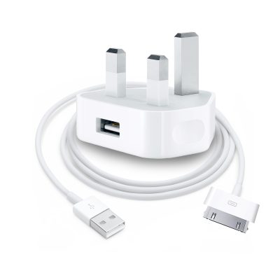 Mains 3-Pin UK Plug USB 1AMP & Apple 30 Pin USB Charger - iPhone 3G/3GS/4/4s, iPad 1/2/3, iPod Touch 1/2/3/4, iPod 5th Gen, iPod Classic, iPod Nano 1/2/3/4/5/6 - WHITE