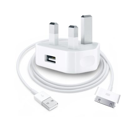 Mains 3-Pin UK Plug USB 1AMP & Apple 30 Pin USB Charger - iPhone 3G/3GS/4/4s, iPad 1/2/3, iPod Touch 1/2/3/4, iPod 5th Gen, iPod Classic, iPod Nano 1/2/3/4/5/6 - WHITE