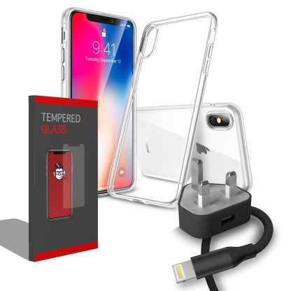 Gel Clear Transparent Case Cover and Case Compatible Clear Tempered Glass Screen Protector with Charging Pack: UK 1amp 3 Pin Mains Wall Charger Plug Charger & 8 Pin Apple Connection Charging Cable for Apple iPhone X 2017 / iPhone Xs 2018 - Image 3
