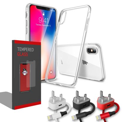 Gel Clear Transparent Case Cover and Case Compatible Clear Tempered Glass Screen Protector with Charging Pack: UK 1amp 3 Pin Mains Wall Charger Plug Charger & 8 Pin Apple Connection Charging Cable for Apple iPhone X 2017 / iPhone Xs 2018