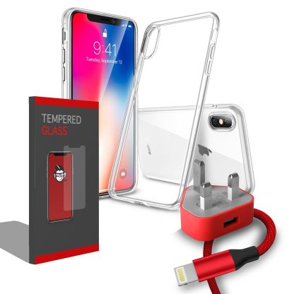 Gel Clear Transparent Case Cover and Case Compatible Clear Tempered Glass Screen Protector with Charging Pack: UK 1amp 3 Pin Mains Wall Charger Plug Charger & 8 Pin Apple Connection Charging Cable for Apple iPhone X 2017 / iPhone Xs 2018 - Image 2