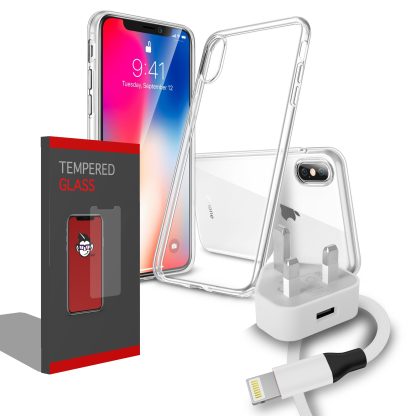Gel Clear Transparent Case Cover and Case Compatible Clear Tempered Glass Screen Protector with Charging Pack: UK 1amp 3 Pin Mains Wall Charger Plug Charger & 8 Pin Apple Connection Charging Cable for Apple iPhone X 2017 / iPhone Xs 2018 - Image 4