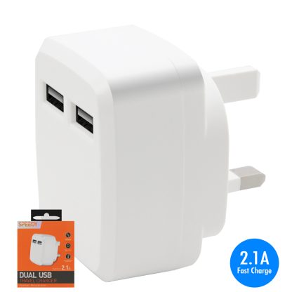 3 Pin UK DUAL 2 x USB 2.1 AMP/2000 mAh Fast Charge Mains Charger Plug Adapter - WHITE