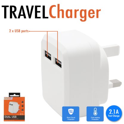 3 Pin UK DUAL 2 x USB 2.1 AMP/2000 mAh Fast Charge Mains Charger Plug Adapter - WHITE - Image 3
