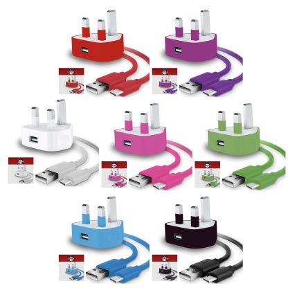 3 Pin UK USB Mains Charger Adapter 1000 mAh/1 AMP with USB 2.0 USB C/Type C Sync and Charge Cable 1 Meter