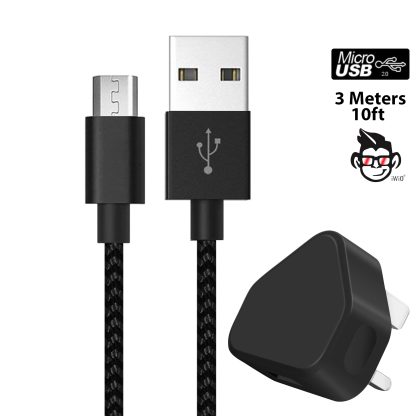 3 Pin UK USB Mains Wall Charger & [1Pack 3M] MicroUSB Cable Extra Long Durable Nylon Braided Charging Micro USB Data Sync Cord for Cubot X12 MTK6735 - BLACK