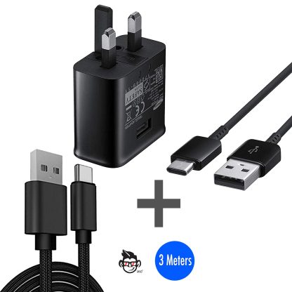 Samsung Fast Mains Adapter Charger With TYPE-C Cable & IWIO® 3m Braided TYPE-C Cable For Samsung Galaxy S8 / S8 Plus+ / S9 / S9 Plus / A5 (2017) / A7 (2017) (No Retail Packaging)